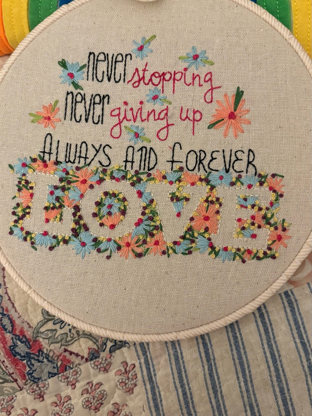 Hand-Embroidered 'Love' Floral Wall Art - Multicolor